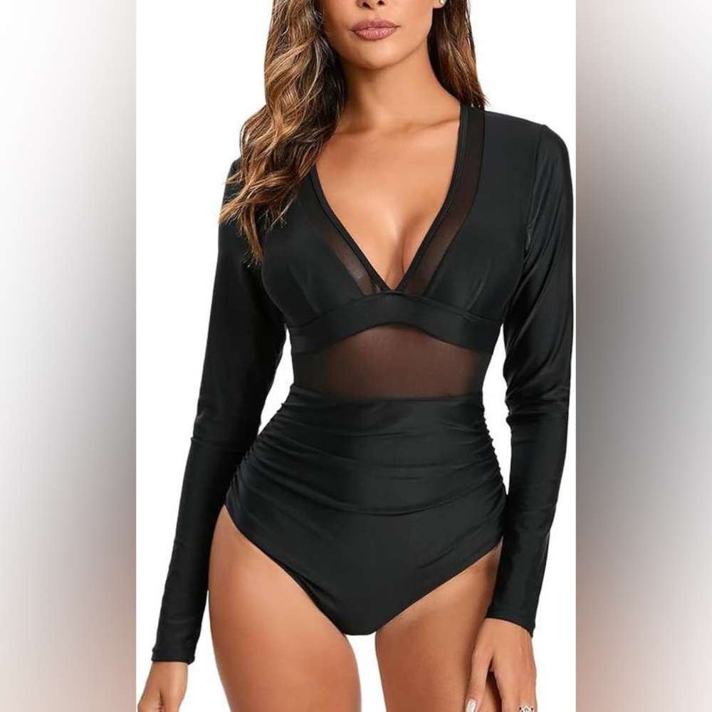 NWT - NESY Women's One- Long Sleeve Rash Guard Swimsuits, Medium, Black